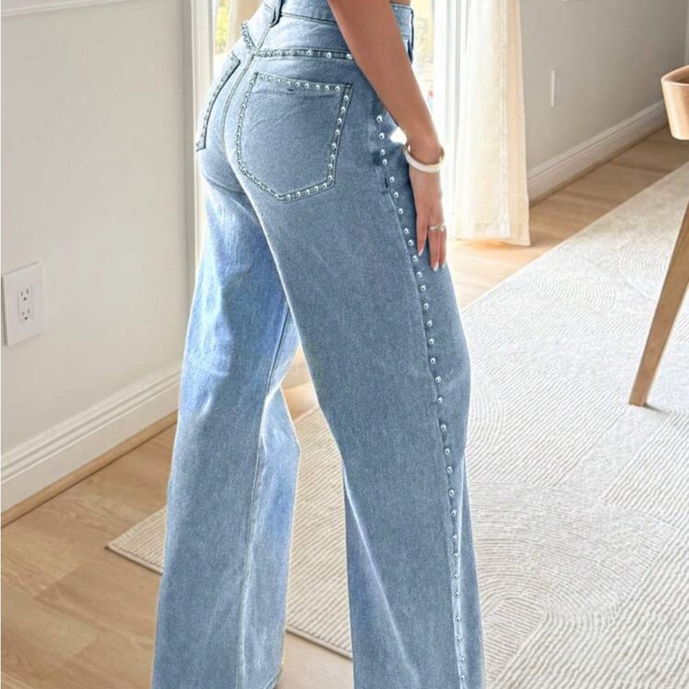 Women's Light Blue Flared Jeans with Silver Stud Accents - Picture 2 of 12
